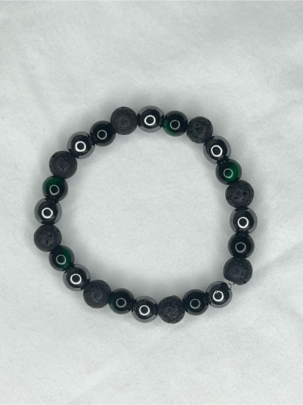 Black Lava Stone & Hematite Beaded Bracelet with Green Tiger eyes Accents